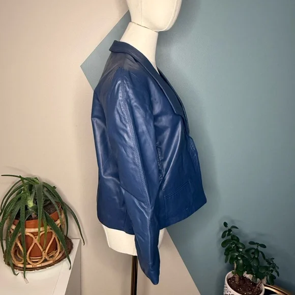 90s Slate Blue Genuine Leather Blazer | Vintage Deep Navy Power Jacket Size 8 - Picture 5 of 11